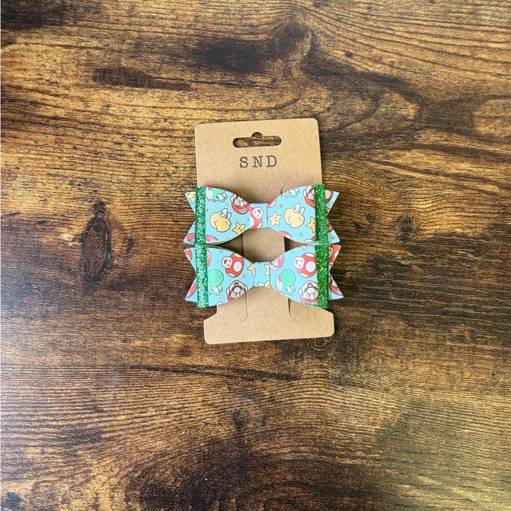 Handcrafted Mario Kids Blue Patterned Bow Hair Clips - Set of 2